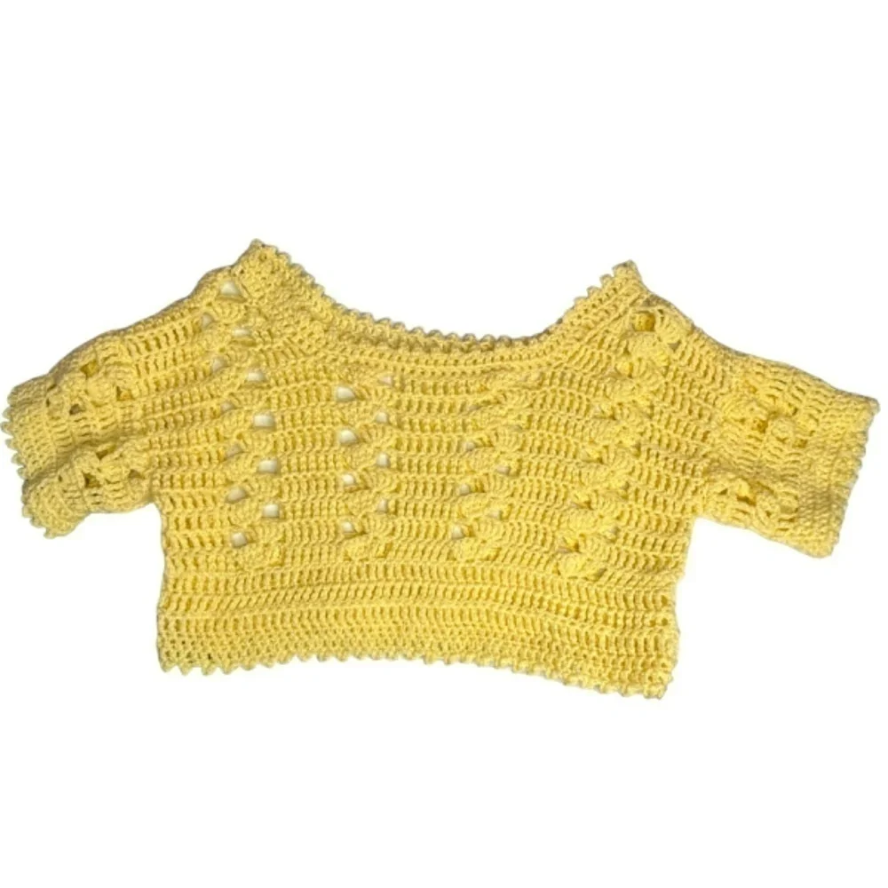Handmade Crochet Crop Top Light Yellow Acrylic Yarn Short Sleeve Scoop Neck